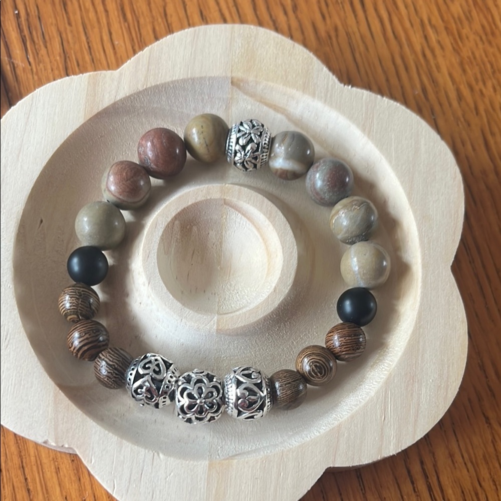Jasper Wood Onyx Metal Bead Stretchy Bracelet